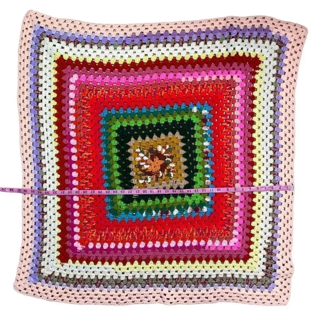 Vintage Afghan-Granny Blanket Multi Color Handmade 36x36 Boho 70s Sm Throw EUC